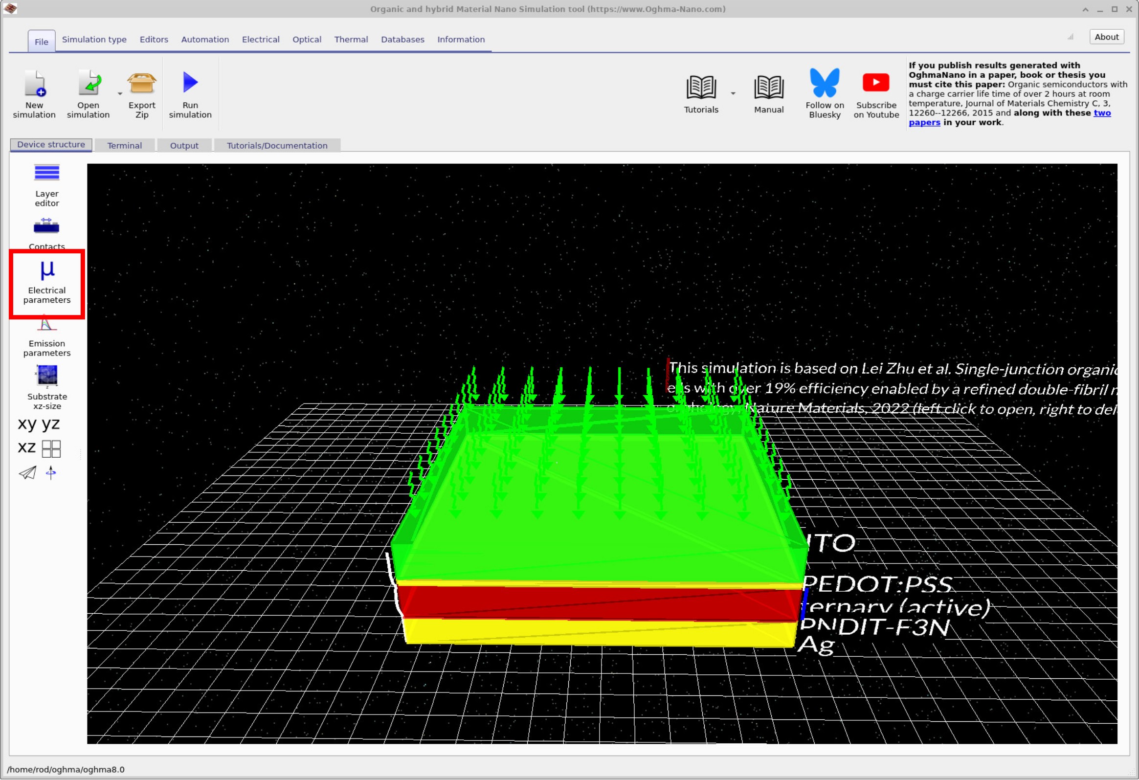 OghmaNano main simulation window with the Electrical parameters button highlighted under the Device structure tab.