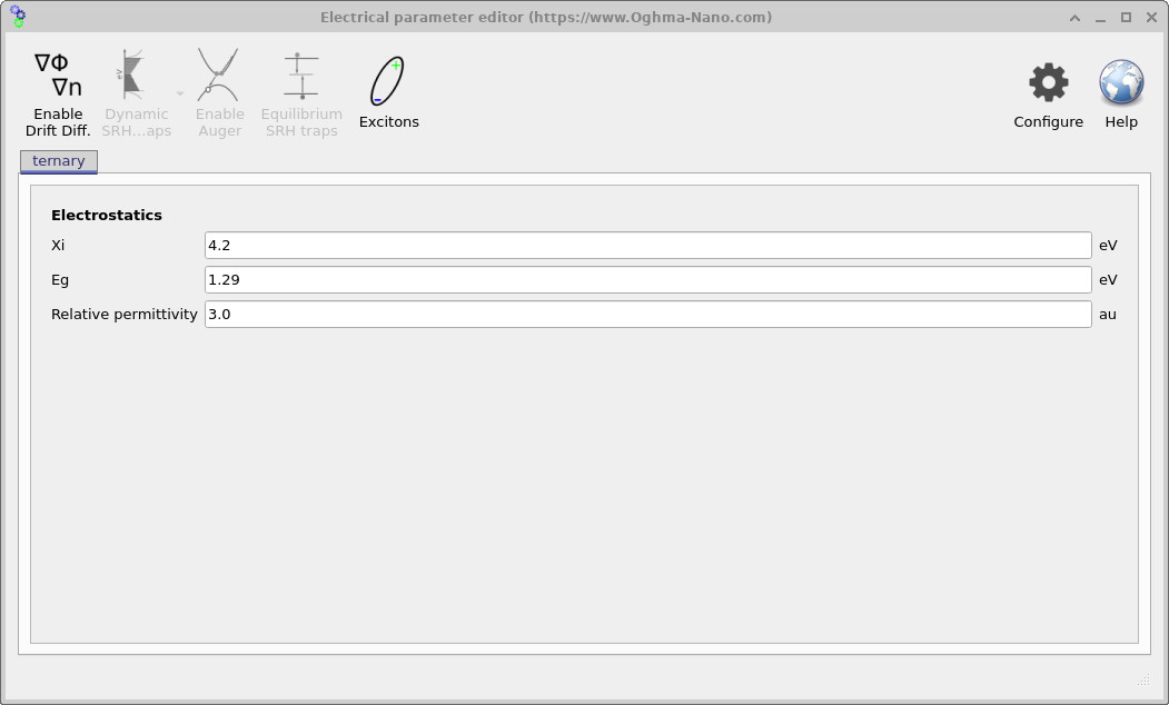 Electrical parameter editor window with the Drift Diffusion button not pressed, showing only electrostatic (Poisson) parameters.