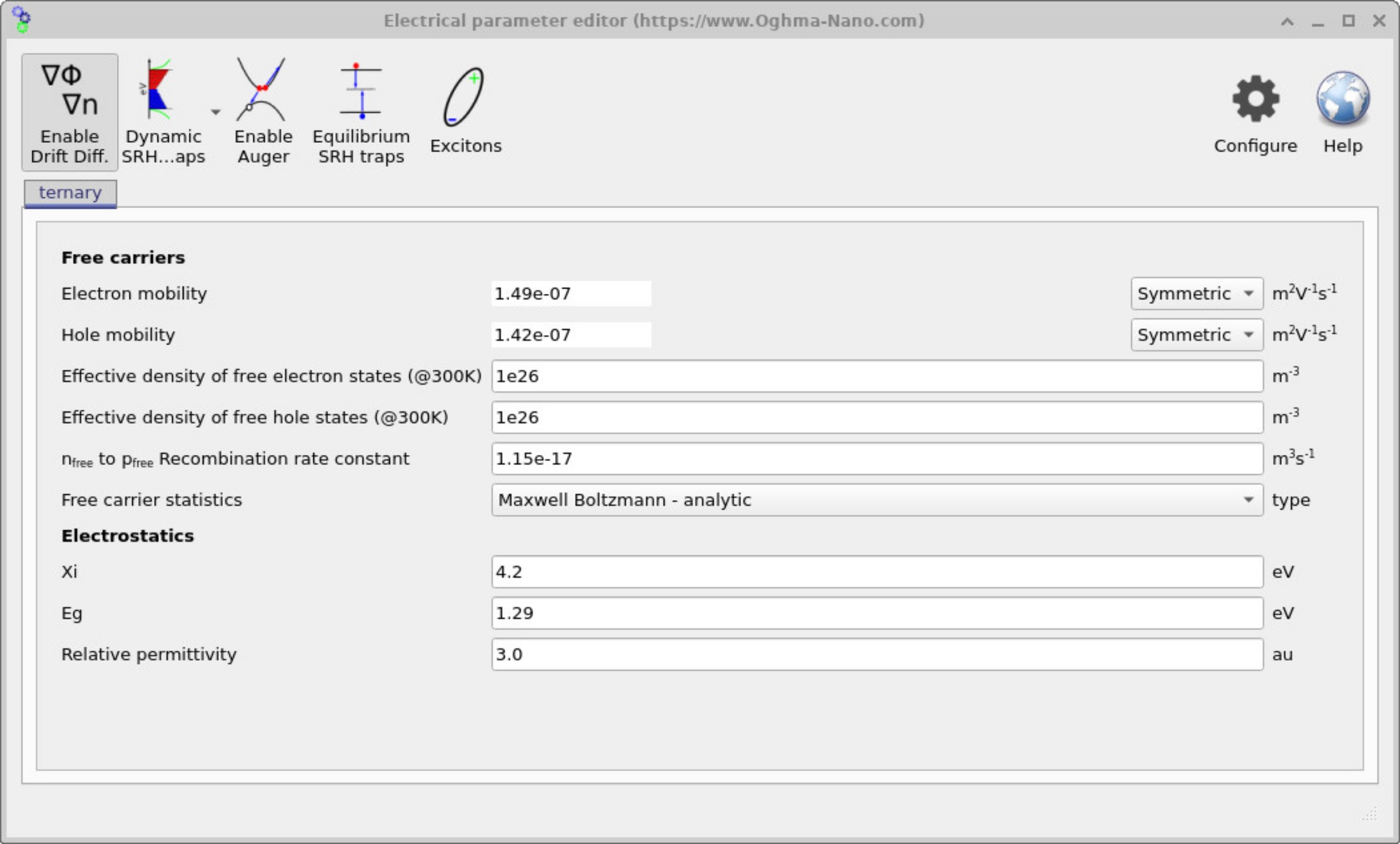 Electrical parameter editor window showing fields for carrier mobilities, densities of states, recombination constants, and material parameters.