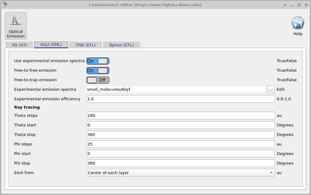 Luminescence editor with options for experimental spectra, free-to-free emission, free-to-trap emission, and ray tracing settings.