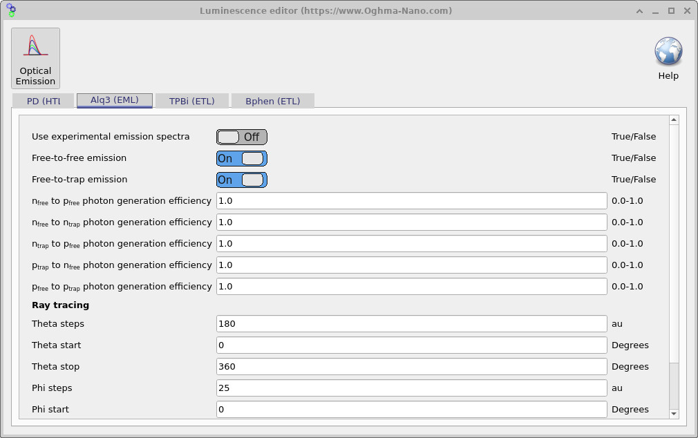 Emission editor with experimental spectra disabled, showing extended photon generation efficiency parameters for recombination and trapping events.