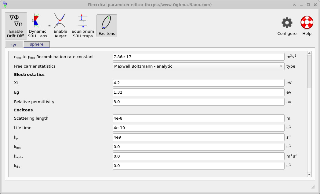 Electrical parameter editor (sphere) showing exciton parameters including k_PL in the donor sphere