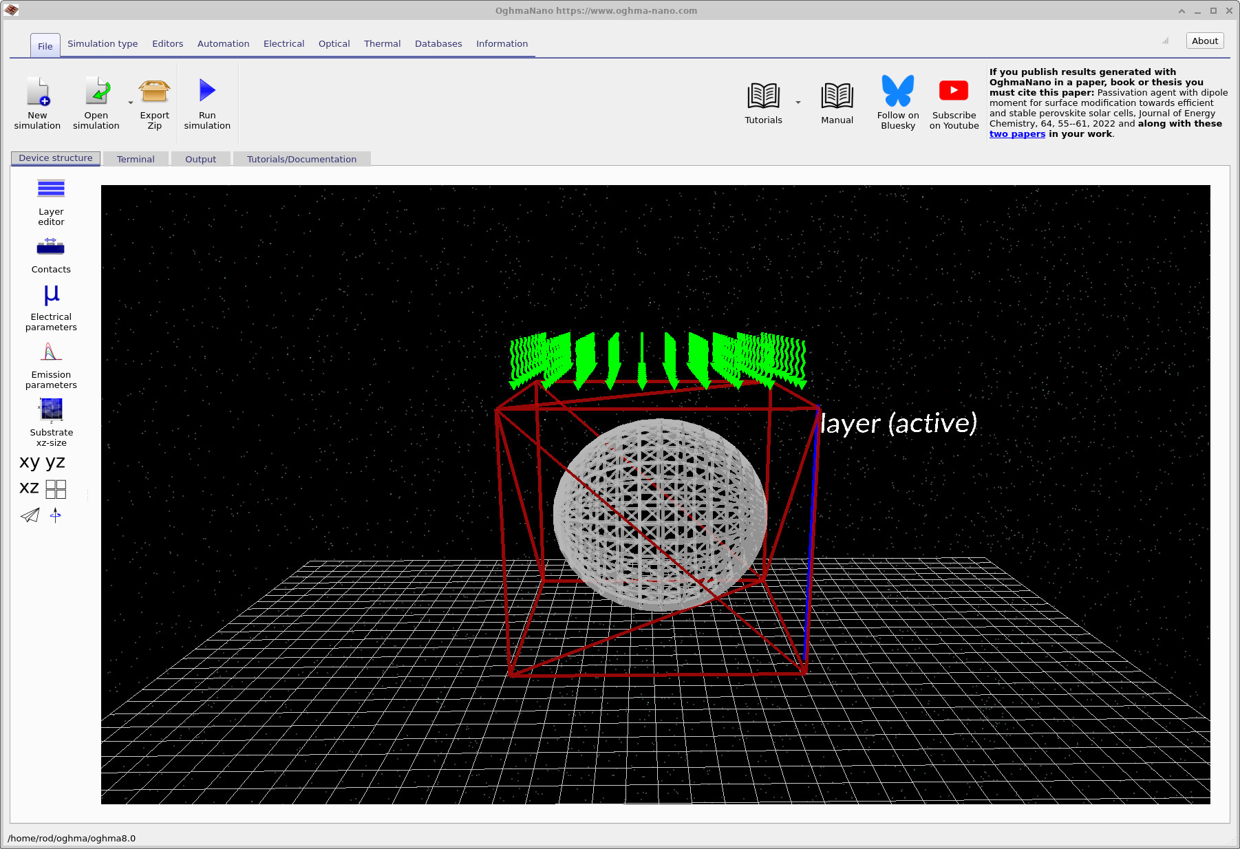 Main OghmaNano window showing donor sphere in acceptor box with illumination