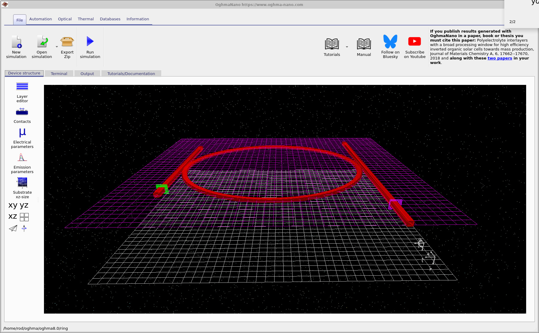 Main OghmaNano window showing a 3D view of a ring resonator coupled to a straight waveguide.