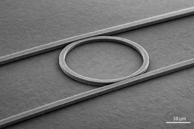 SEM image of a ring resonator, an example photonic integrated circuit (PIC) component.