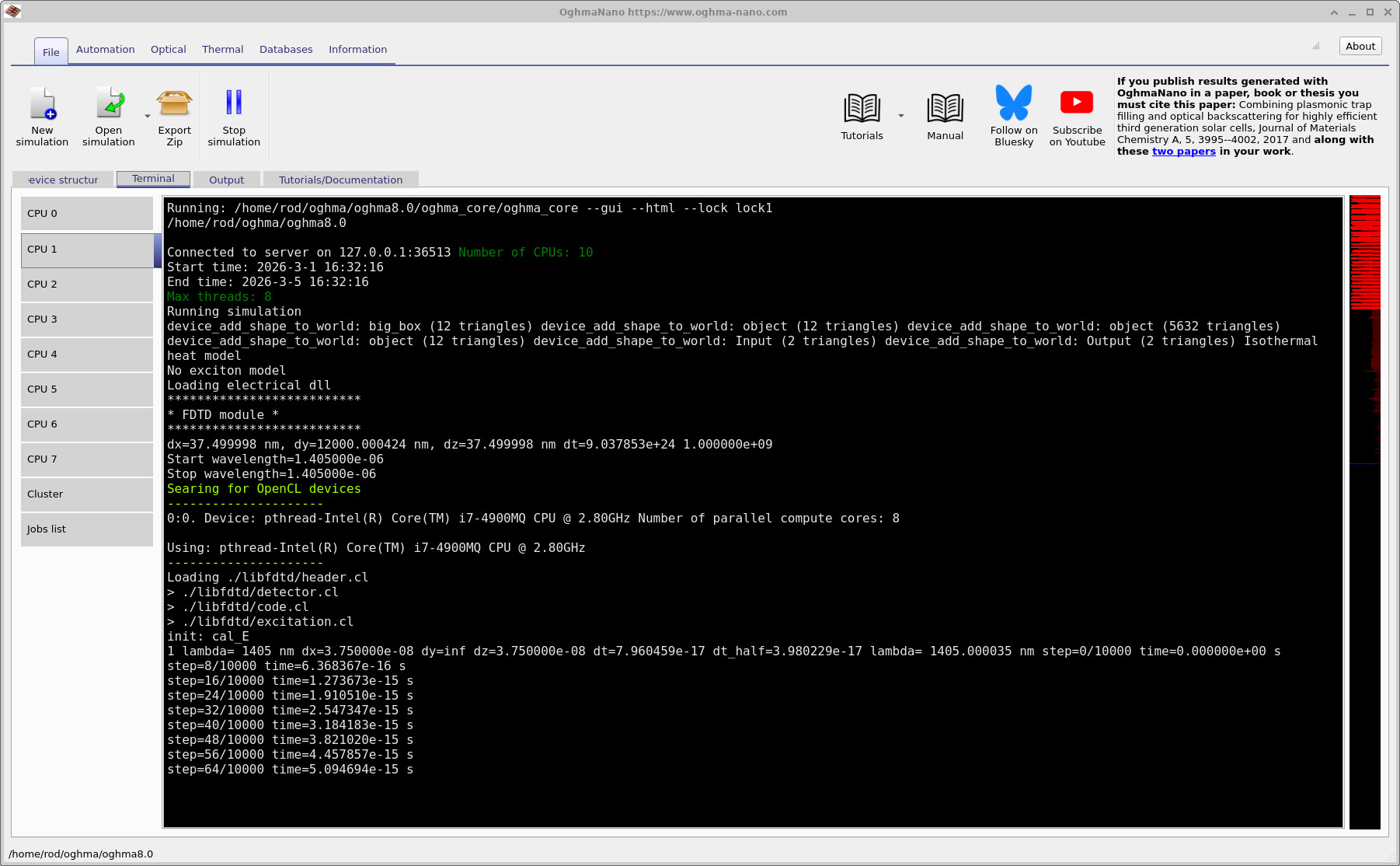 Terminal tab showing the FDTD module starting, timestep and wavelength information, and OpenCL device selection.