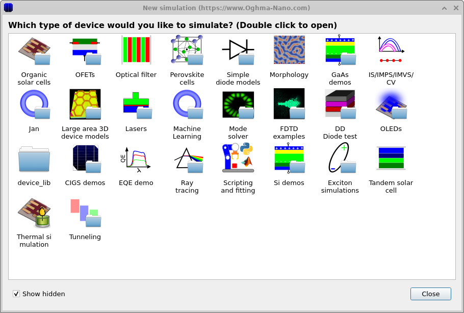 OghmaNano New simulation window showing categories including FDTD examples