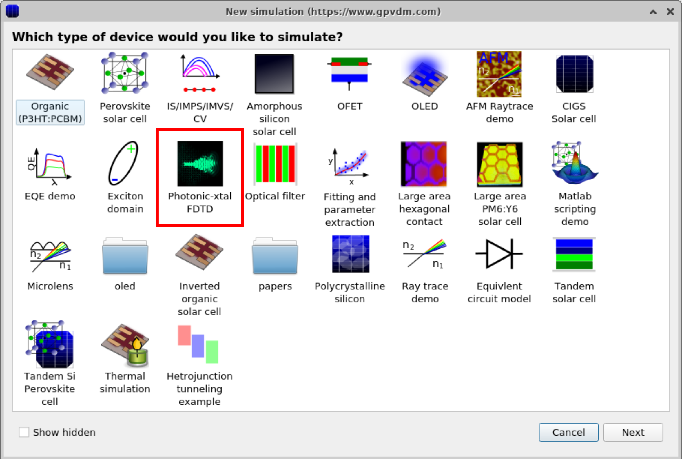 OghmaNano new simulation window showing a grid of device and demo options, with the Photonic-crystal FDTD option highlighted in red.