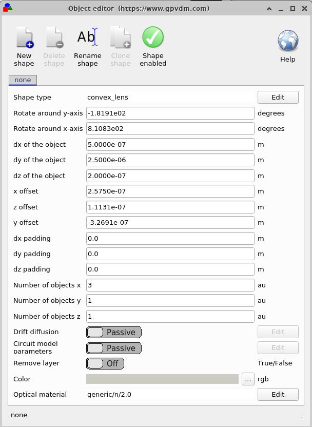 OghmaNano Object Editor window. The editor shows options to configure a convex lens object, including rotation angles, size in x, y, and z dimensions, offsets, padding, replication counts, color, optical material, and whether the object is enabled in the simulation.