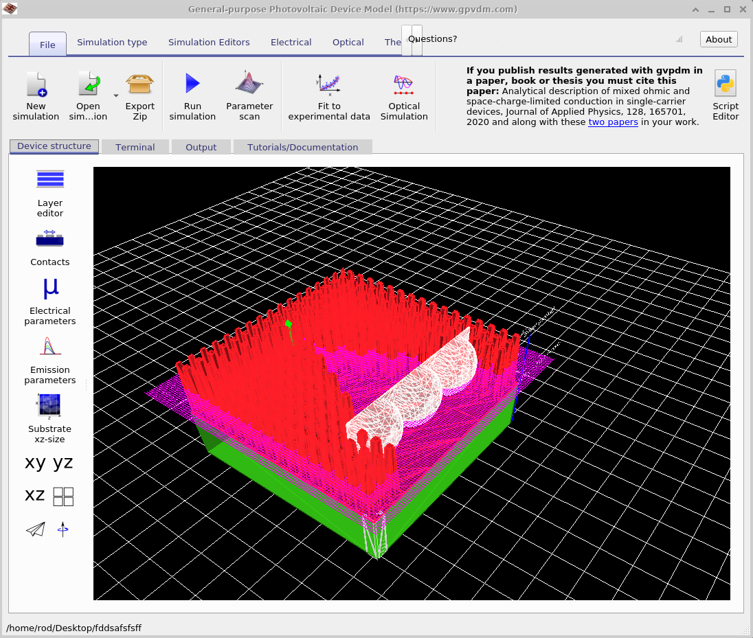 OghmaNano initial FDTD simulation window showing a 3D photonic-crystal structure with vertical rods and a waveguide channel in the center, rendered on a grid.