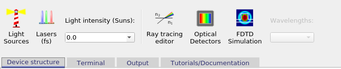 Optical ribbon in OghmaNano showing the FDTD Simulation button alongside Light Sources, Ray tracing editor, and Optical Detectors.