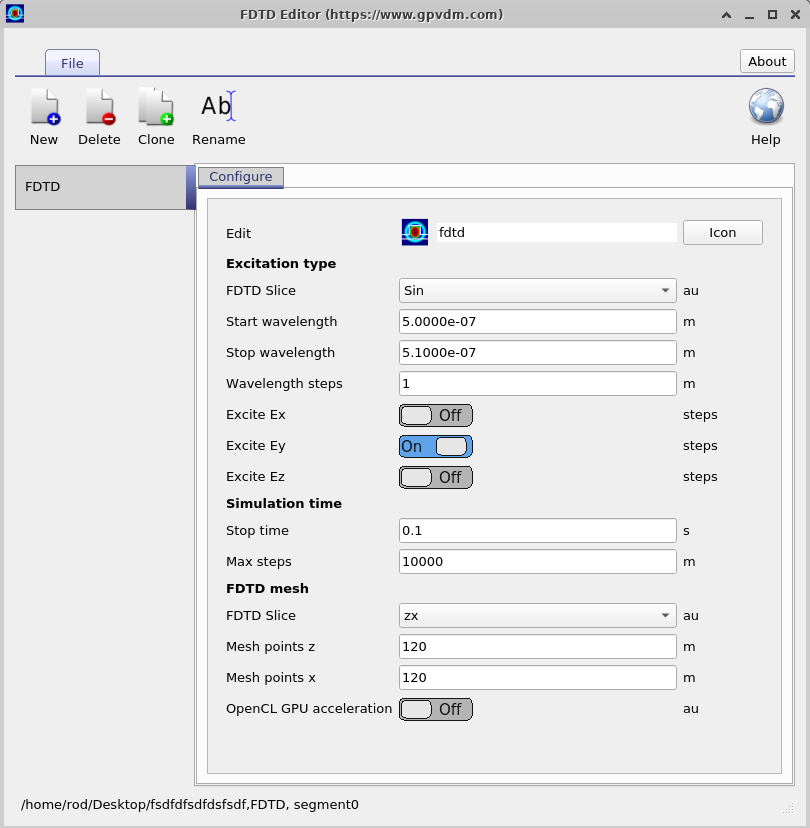 FDTD Editor window with controls for excitation type, wavelength range, field components (Ex, Ey, Ez), stop time, max steps, mesh slice, mesh resolution, and GPU acceleration.