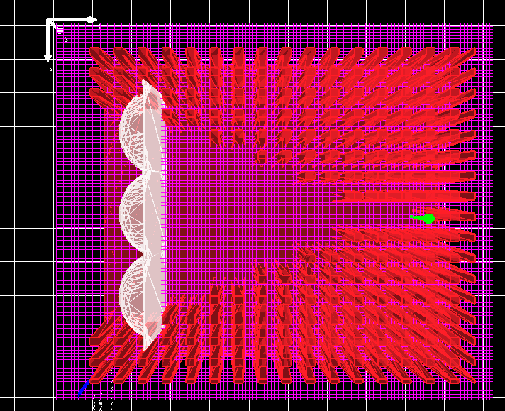 OghmaNano simulation window showing lenses positioned in the xz plane before adjustment.