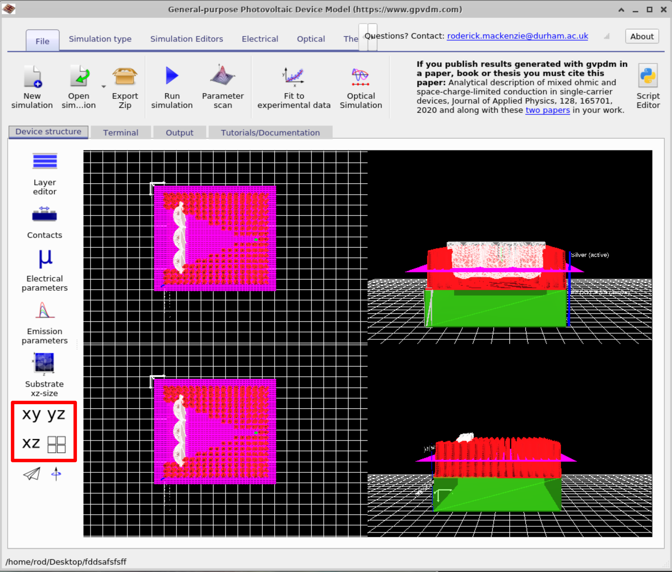 Main simulation window in OghmaNano showing the device tab and view controls (xy, yz, xz).