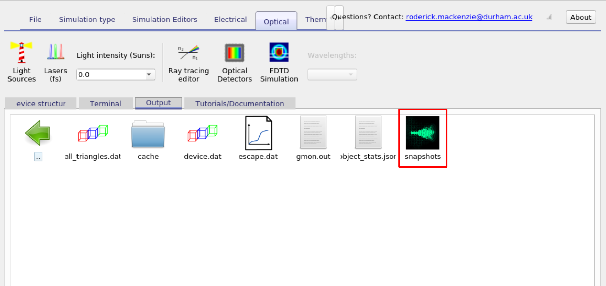 OghmaNano output tab after running an FDTD simulation, showing the generated snapshots folder.