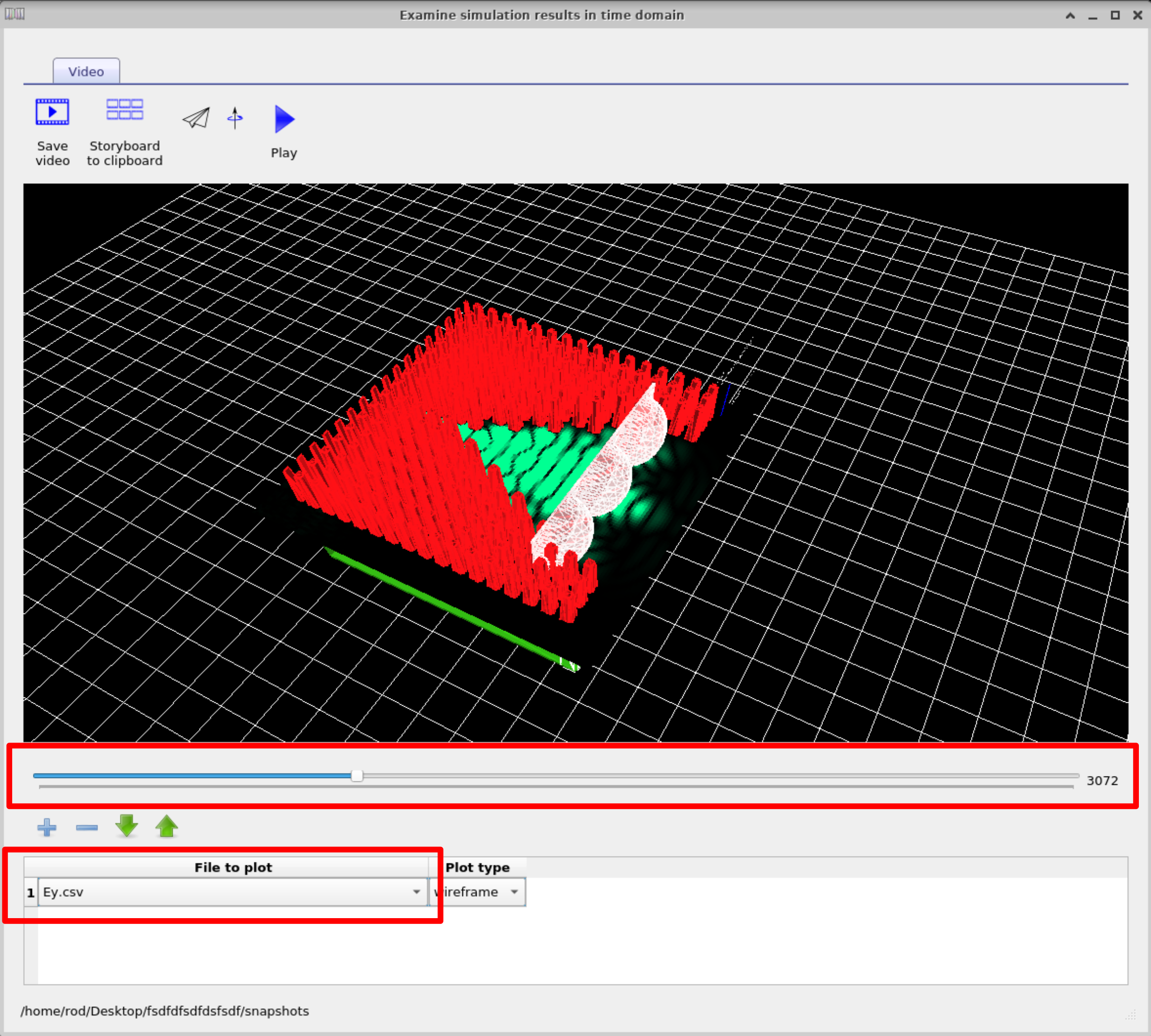 OghmaNano FDTD snapshots window showing the Ey field distribution evolving in time.