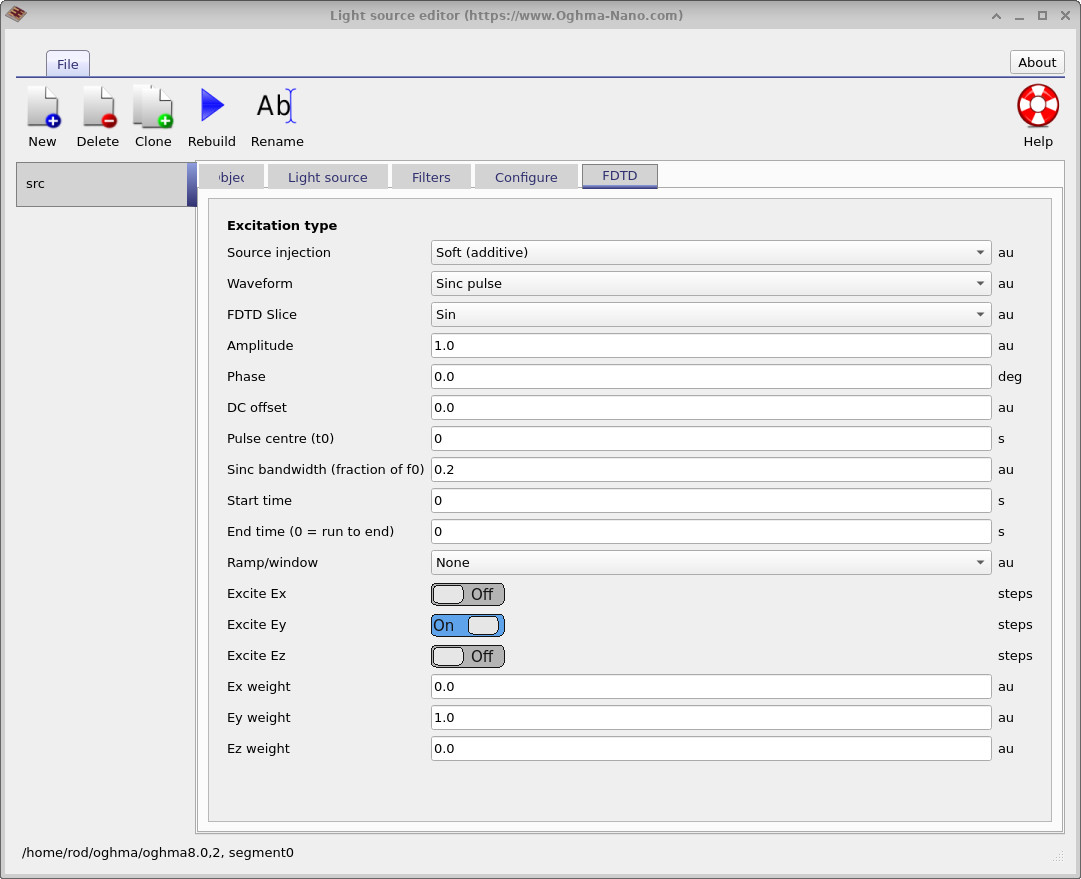 OghmaNano Light Source Editor FDTD panel showing excitation options such as injection mode, waveform, amplitude, phase, time-gating, ramp/window, and Ex/Ey/Ez excitation weights