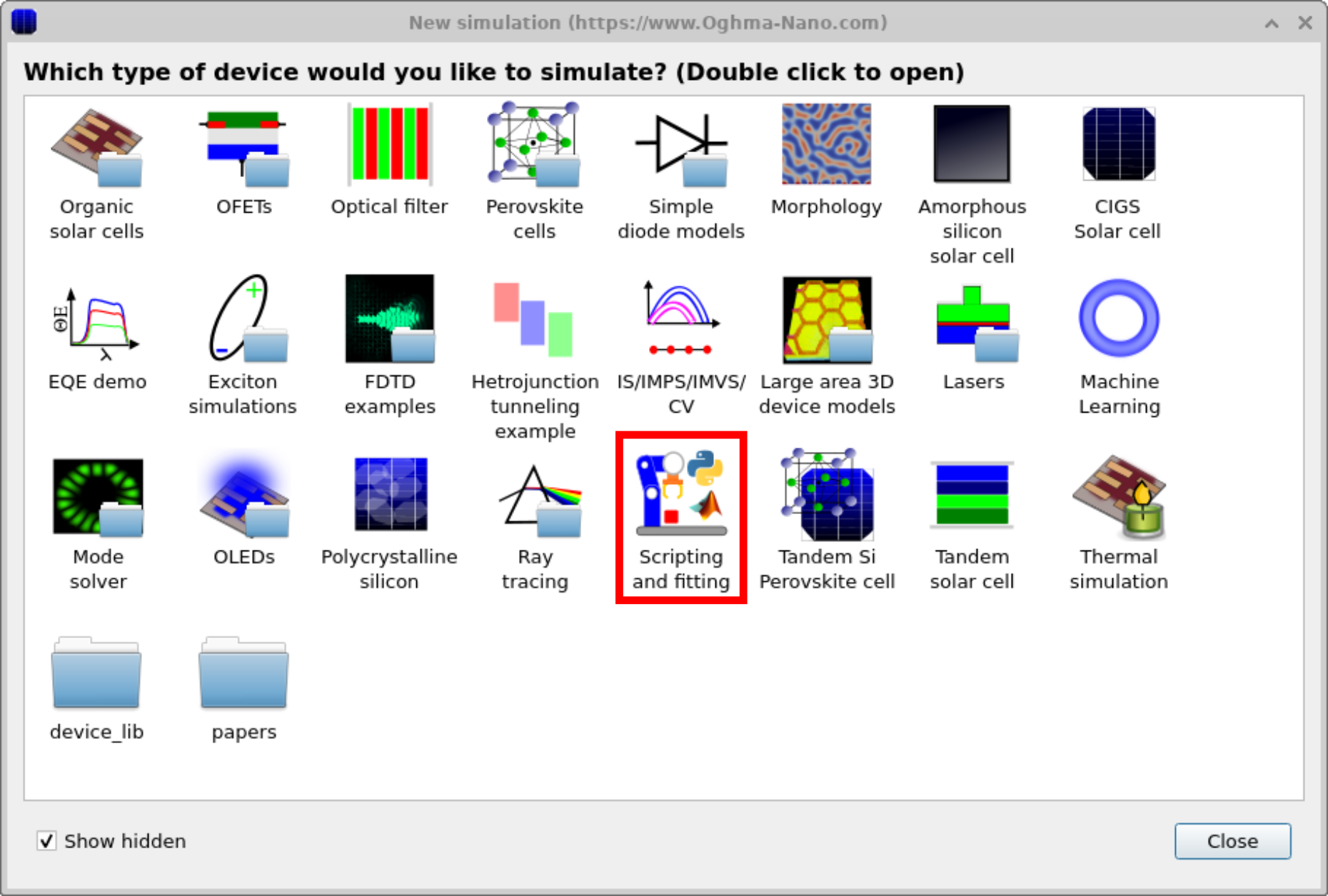 The 'New simulation' window showing different device categories in OghmaNano. The 'Scripting and fitting' category is highlighted.