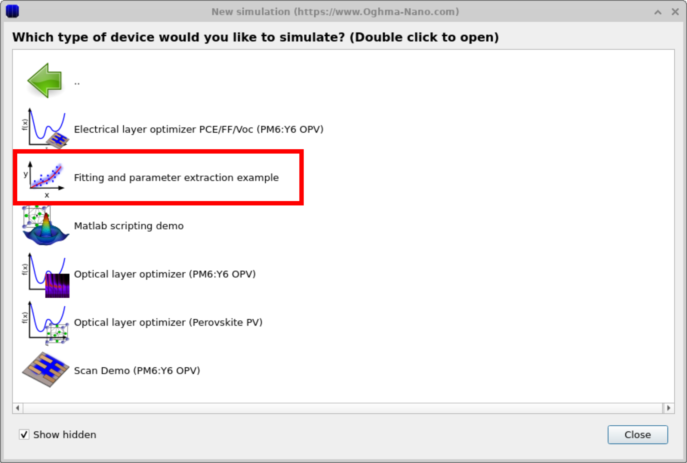 The 'Scripting and fitting' folder opened, highlighting the 'Fitting and parameter extraction example'.