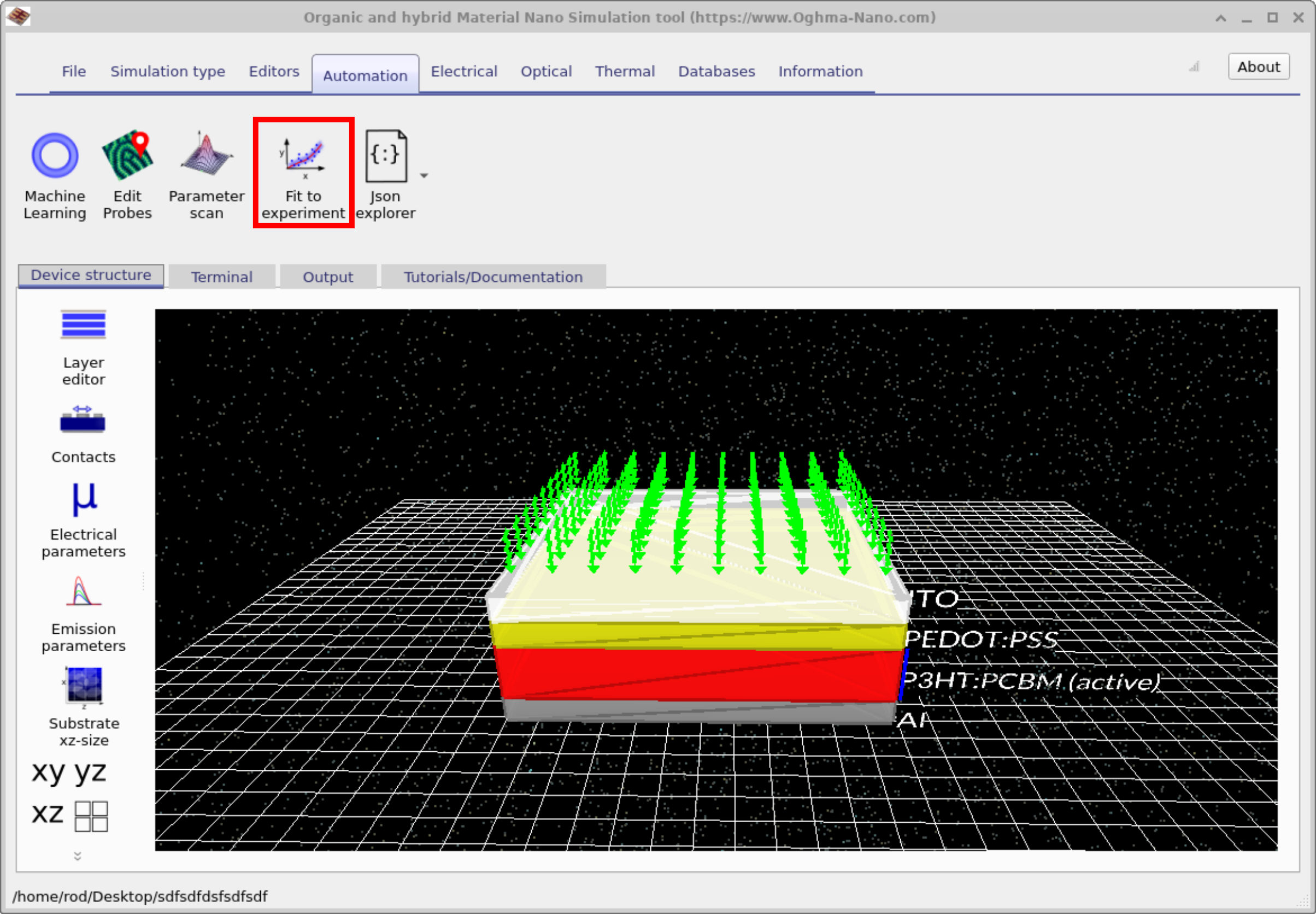 OghmaNano Automation ribbon with the 'Fit to experiment' icon highlighted, and a 3D solar cell device structure displayed in the main window.