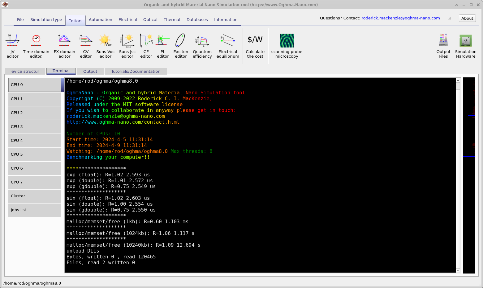 OghmaNano hardware benchmark results window