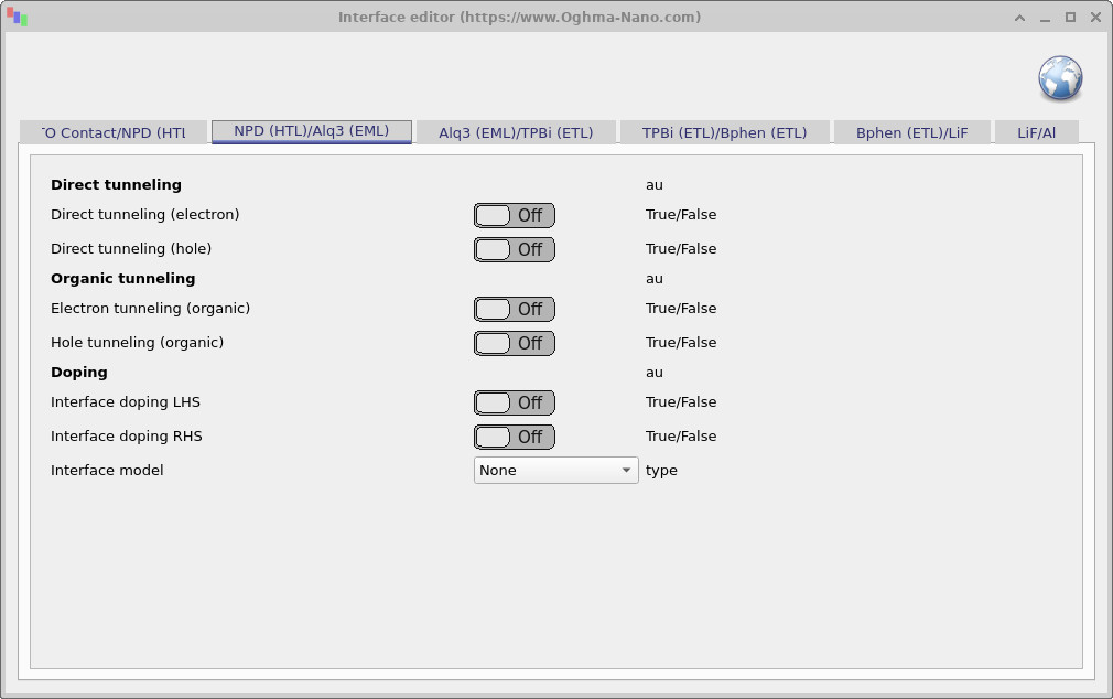 Interface editor window with toggles for direct tunneling, organic tunneling, and interface doping.