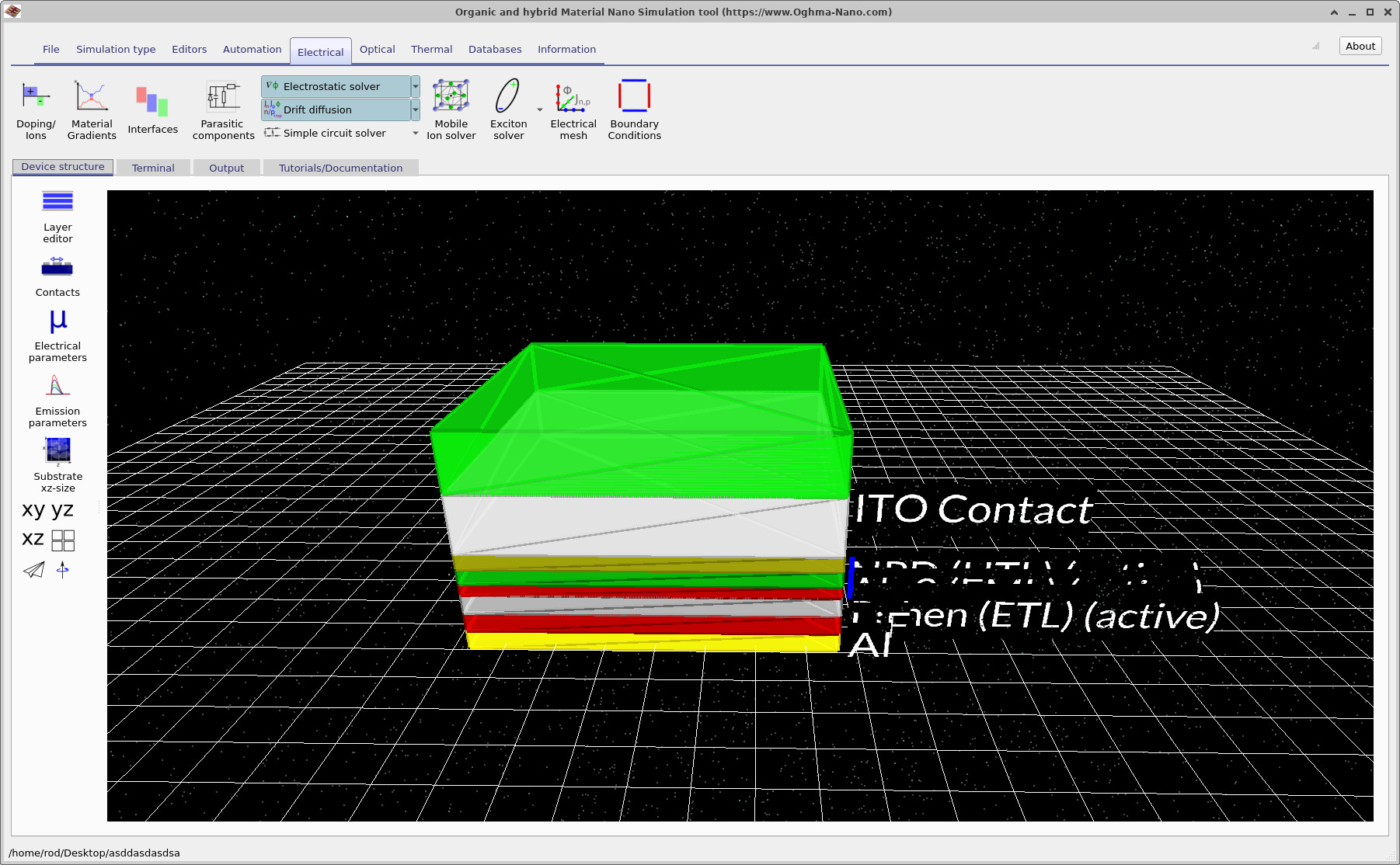 OghmaNano main window showing how to open the Interface editor from the Electrical ribbon.