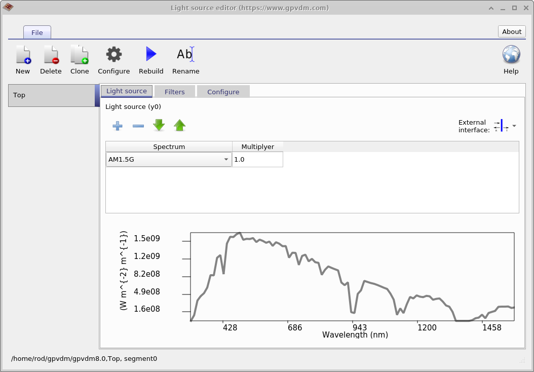 OghmaNano interface showing the Light Source Editor with options for building an optical spectrum and modifying light sources with optical filters