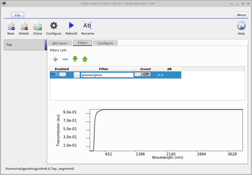 OghmaNano Light Source Editor showing an optical spectrum being built and modified with optical filters