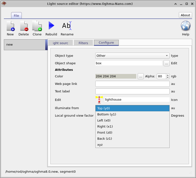 OghmaNano Light Source Editor configure panel showing illumination options: Top left – configure panel; Top right – source from xyz position; Bottom left – source from top (y0); Bottom right – source from bottom (y1)