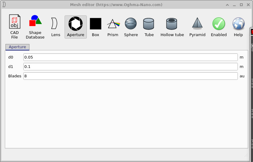 Mesh editor window showing configuration options for an aperture.