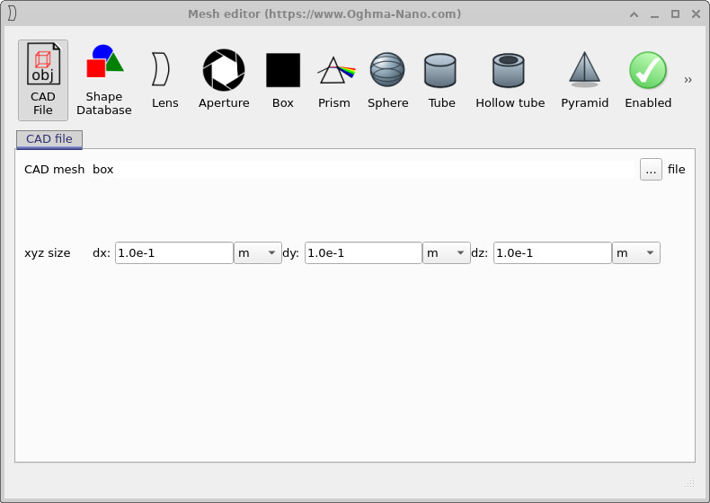 Mesh editor CAD file panel showing the selected OBJ file and scaling controls.
