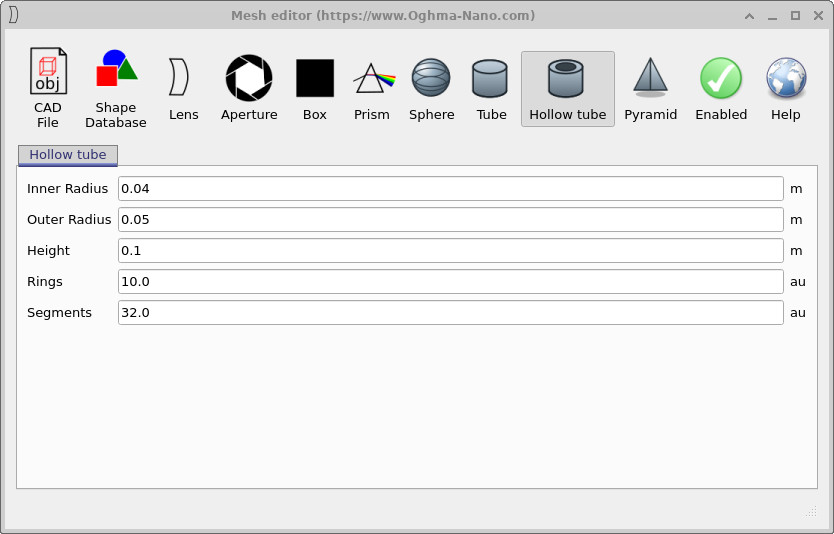 Mesh editor window showing configuration options for a hollow tube.