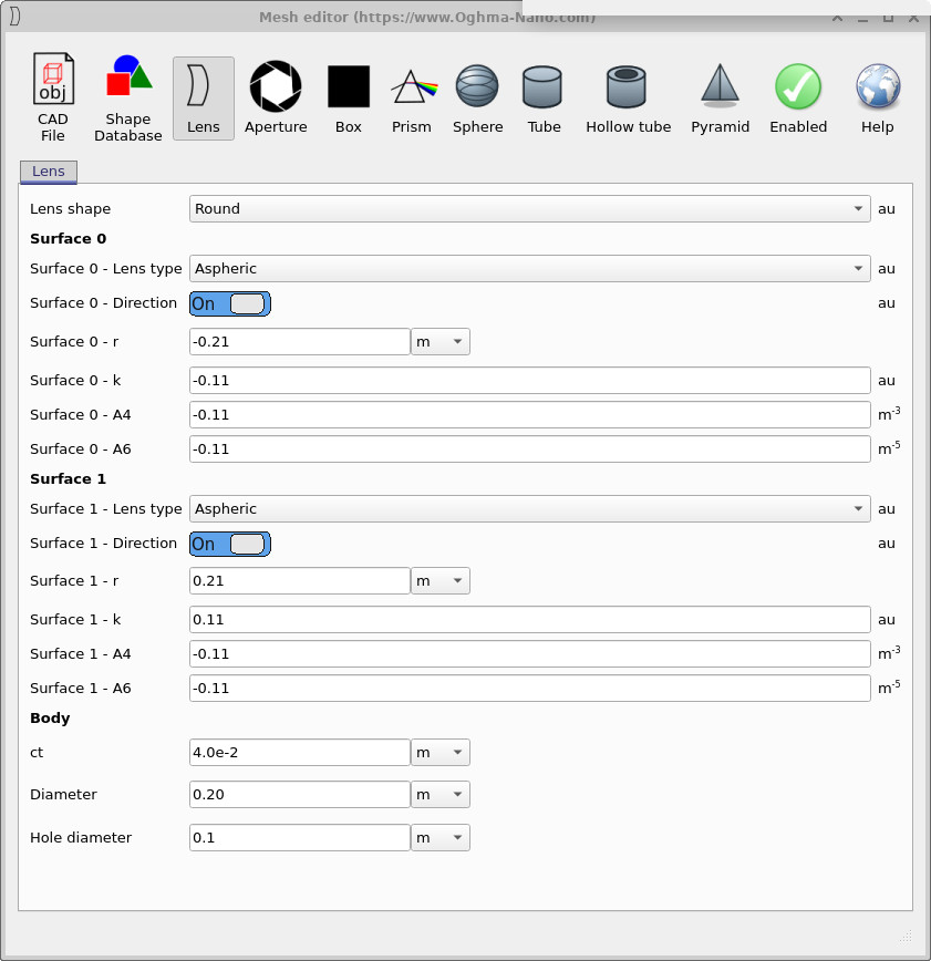 Lens editor configuration window showing aspheric surface parameters.