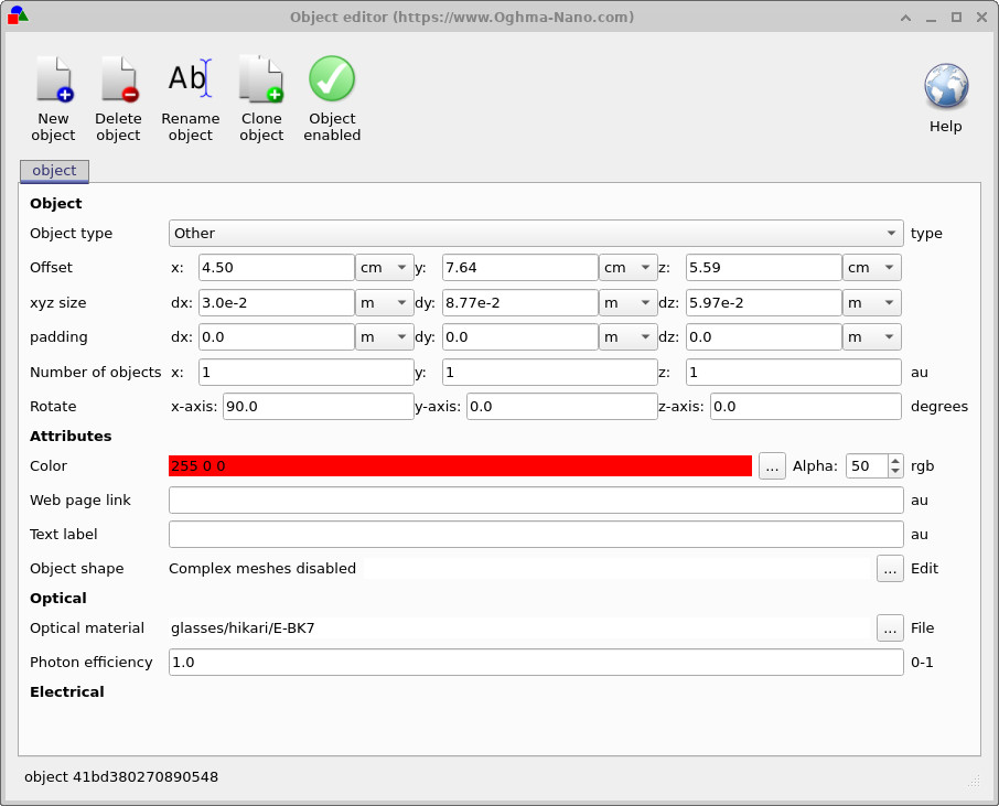 OghmaNano Object editor window showing basic object properties and Complex meshes disabled.