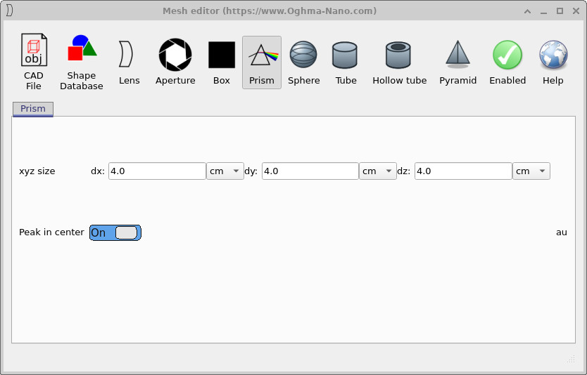 Mesh editor window showing configuration options for a prism.