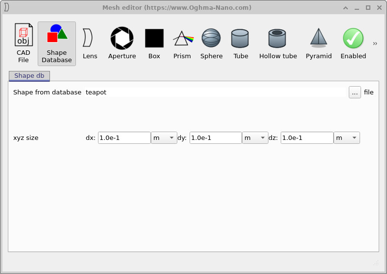 Mesh editor window showing a shape selected from the internal shape database.