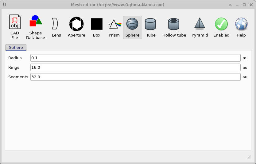 Mesh editor window showing configuration options for a sphere.