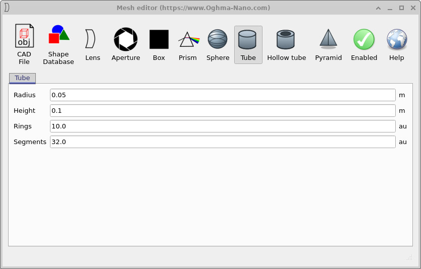 Mesh editor window showing configuration options for a solid tube.