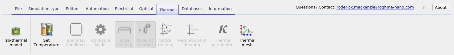 Thermal ribbon in OghmaNano, showing the Thermal mesh button alongside model and temperature settings.