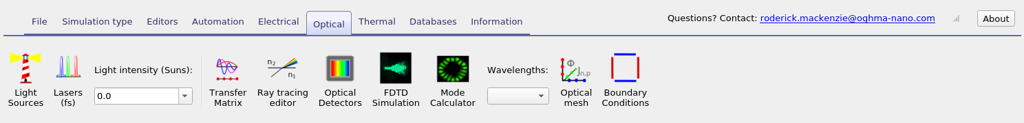 Optical ribbon in OghmaNano, showing the Optical mesh button together with light source and simulation tools.