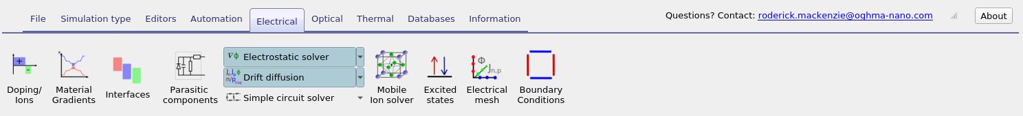 Electrical ribbon in OghmaNano, showing the Electrical mesh button alongside solvers and interface tools.