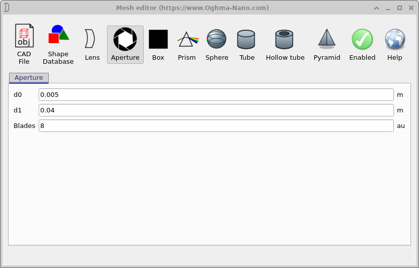 Mesh editor window for the aperture showing parameters D0, D1 and blades.