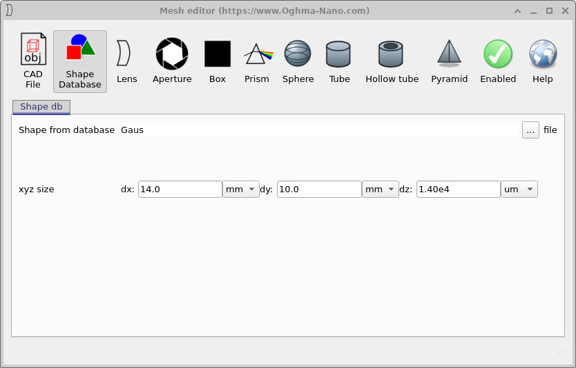 Mesh editor window showing Shape from database set to Gauss and xyz size parameters.