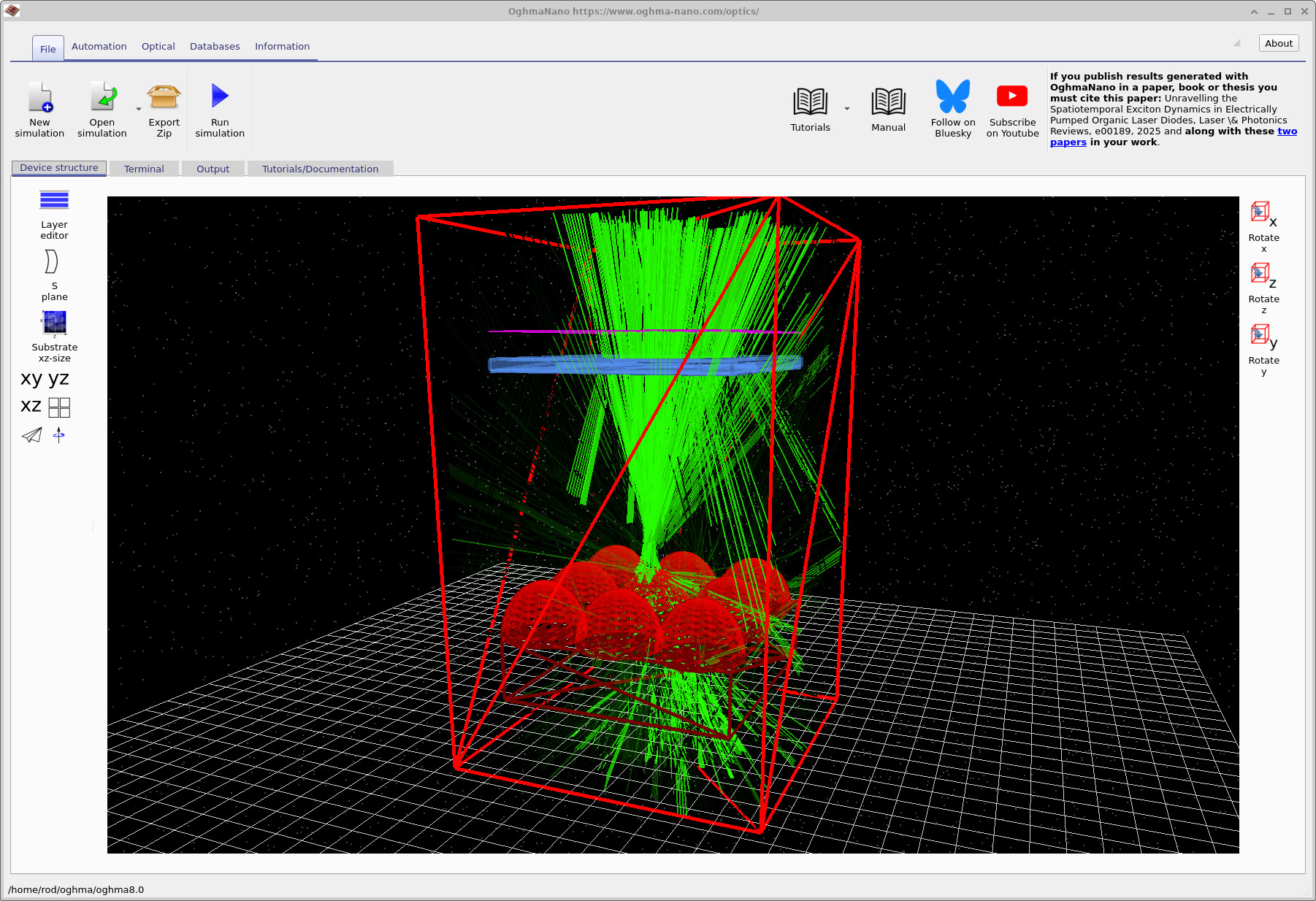 Close-up view showing complex ray paths near the microlens array.