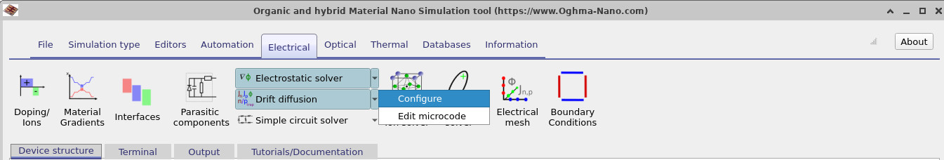 OghmaNano Electrical ribbon showing the Drift–Diffusion solver with Configure selected
