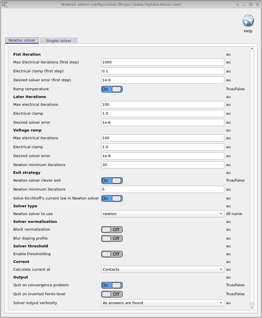 OghmaNano Drift–Diffusion solver configuration window showing numerical solver options