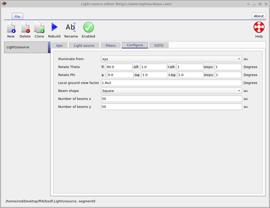 OghmaNano Light Source Editor configure tab showing xyz illumination settings, beam shape, angular sweeps, and beam density.