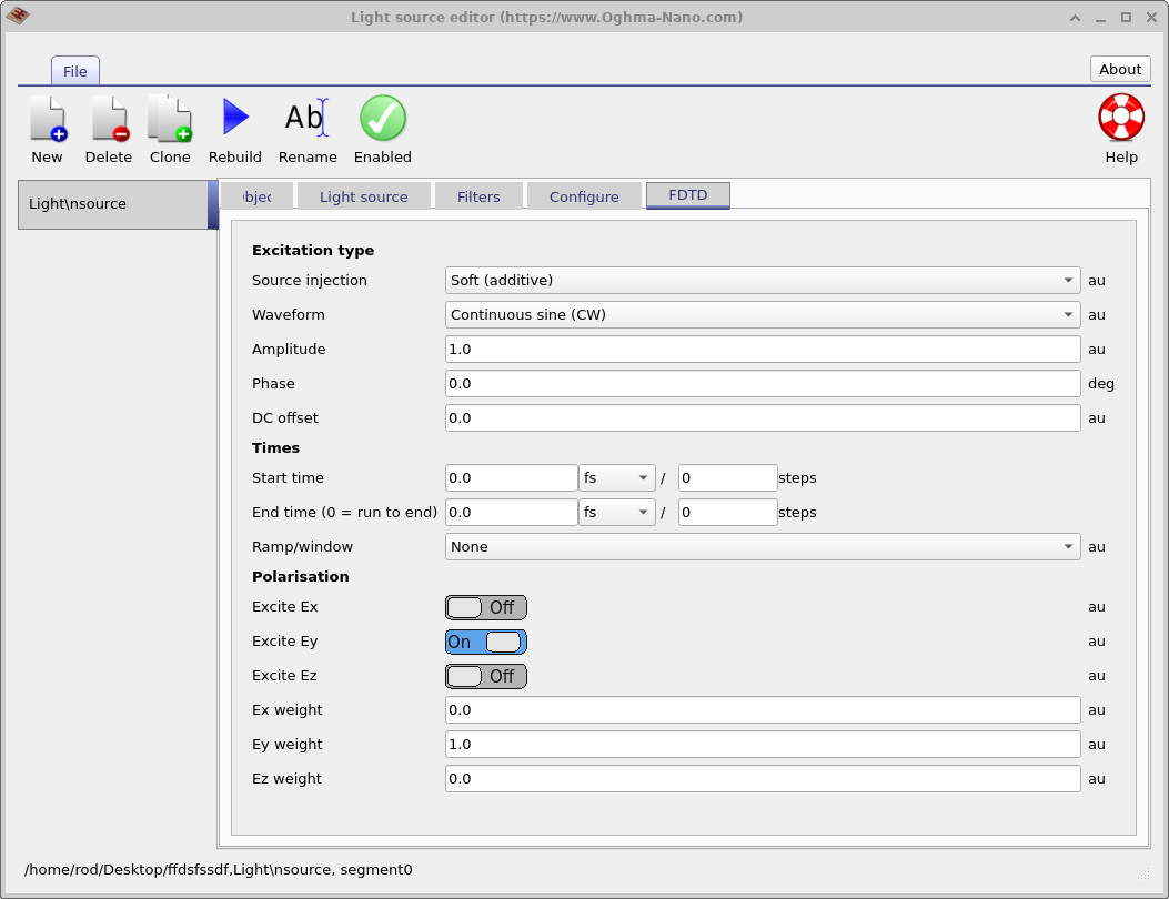 OghmaNano FDTD light source configuration tab showing source injection, waveform, timing, and polarisation settings.