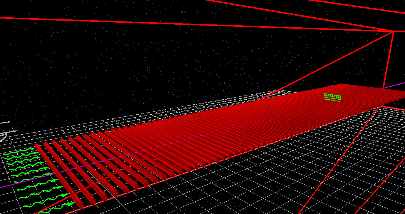 Ray tracing simulation showing light entering a grating structure from the left-hand side of the simulation domain.